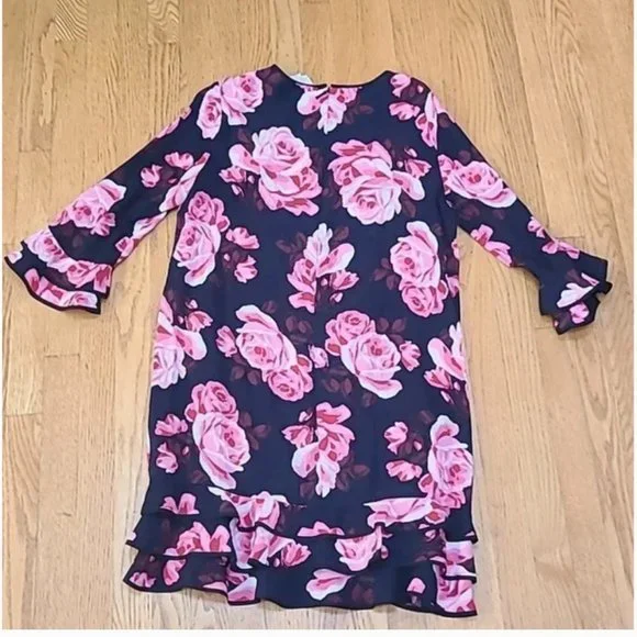 Kate Spade pink black Rambling Roses Rosa Ruffle Shift Dress size large nwot - Picture 12 of 16